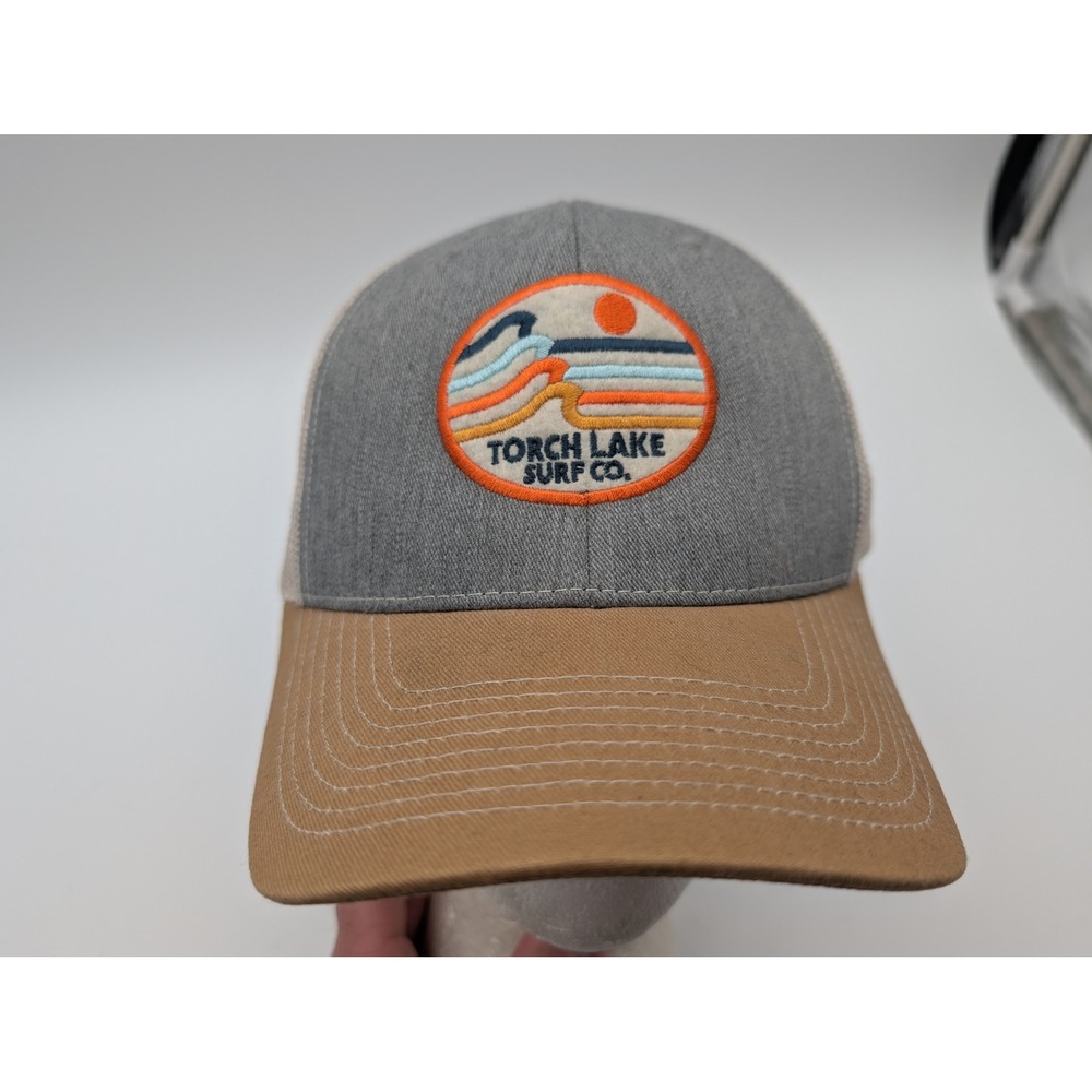 Fahrenheit Torch Lake Surf Co Gray Tan Mesh Snapback Trucker Hat Style 210 OSFM